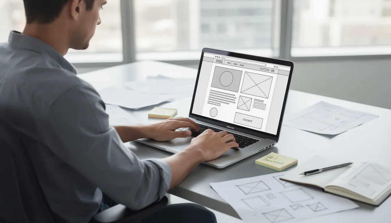 A web designer is focused on their laptop, where website wireframes are displayed, illustrating the process of creating a well-structured website. This scene reflects the importance of digital marketing and SEO efforts in driving organic traffic and engaging potential customers through valuable content.