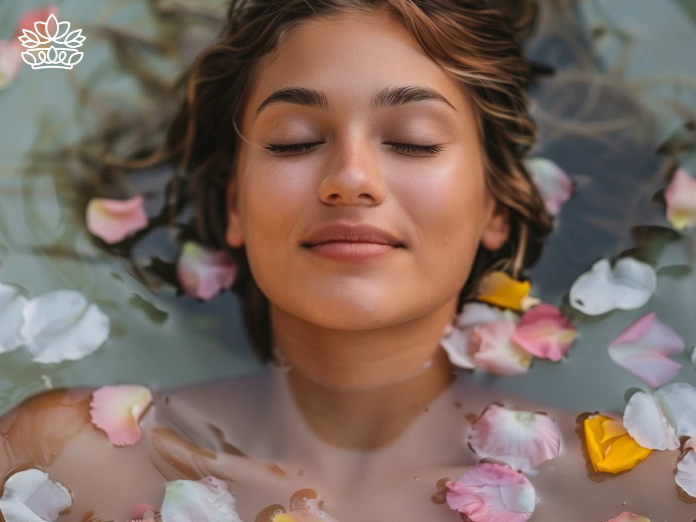 Serenity in a soak: A young woman with closed eyes, relaxing amidst a tranquil bath strewn with delicate rose petals, epitomising the indulgent self-care experiences from Fabulous Flowers and Gifts