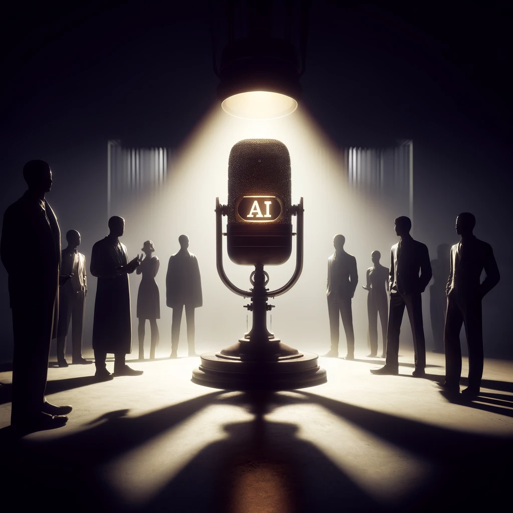 AI-themed microphone under a spotlight, surrounded by silhouettes of people, symbolizing the intersection of artificial intelligence and human interaction. The image highlights the role of AI in communication and its impact on society, with a dramatic lighting effect creating a focused and thought-provoking atmosphere. AI voice generators