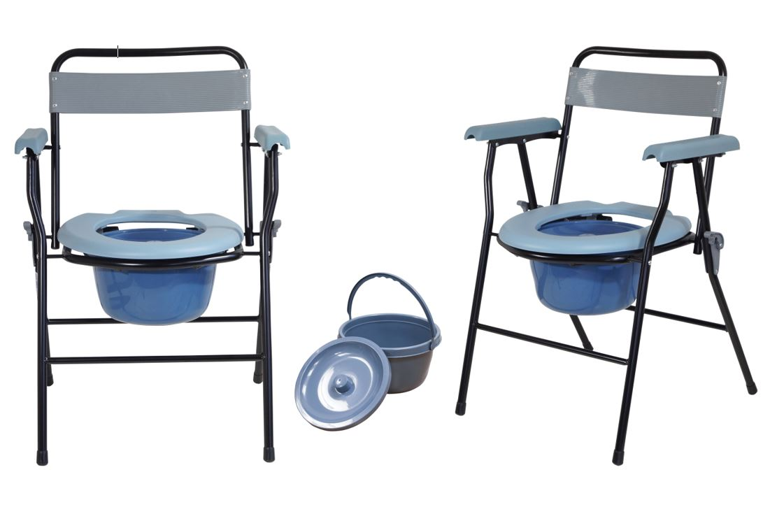 Various pictures of the folding commode chair in blue