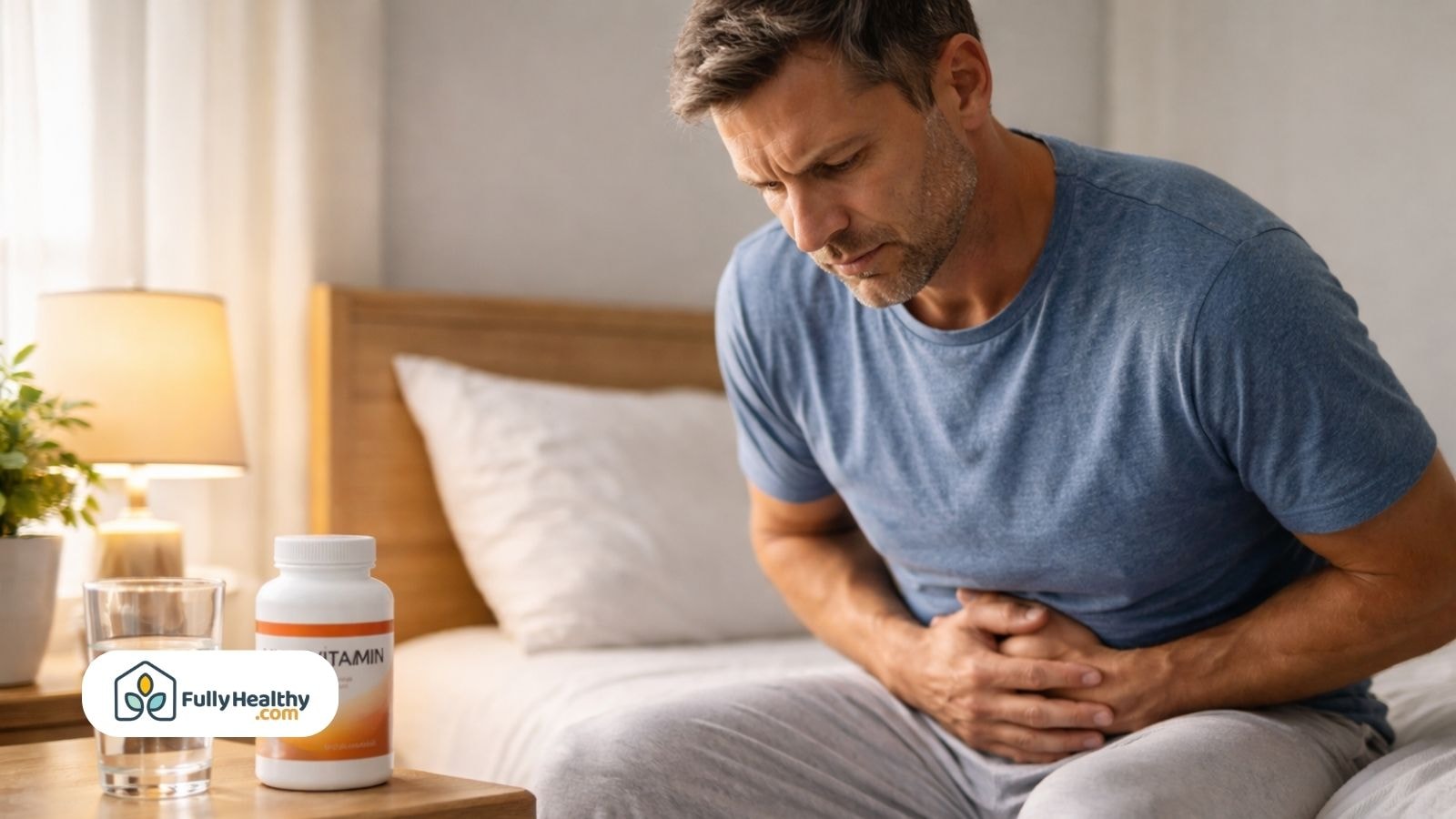 Man holding stomach with multivitamin bottle on bedside table