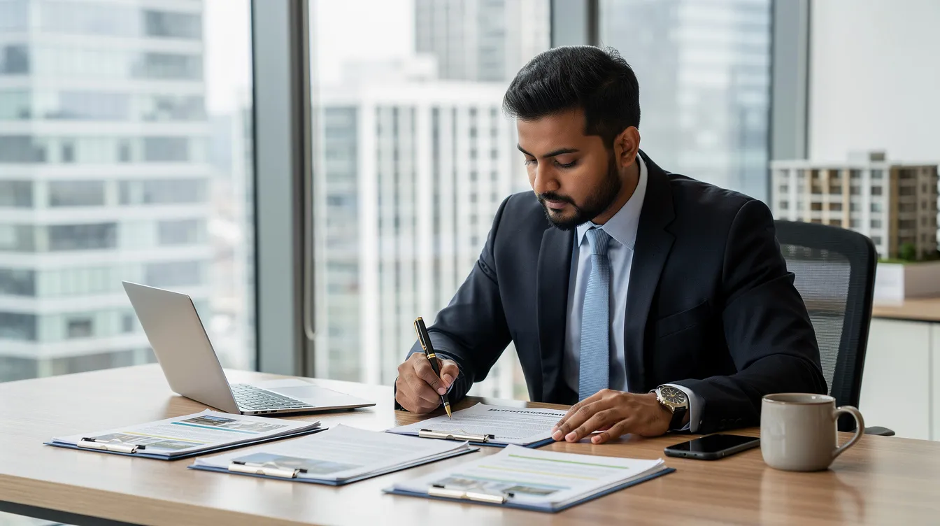 d410d106 f409 4648 a9f8 a9d20d3a18a3 A professional Indian entrepreneur is seated at a modern desk, meticulously reviewing property documents related to the real estate market. This scene reflects the dedication required for success in the real estate business, highlighting the importance of thorough documentation in property management and investment.