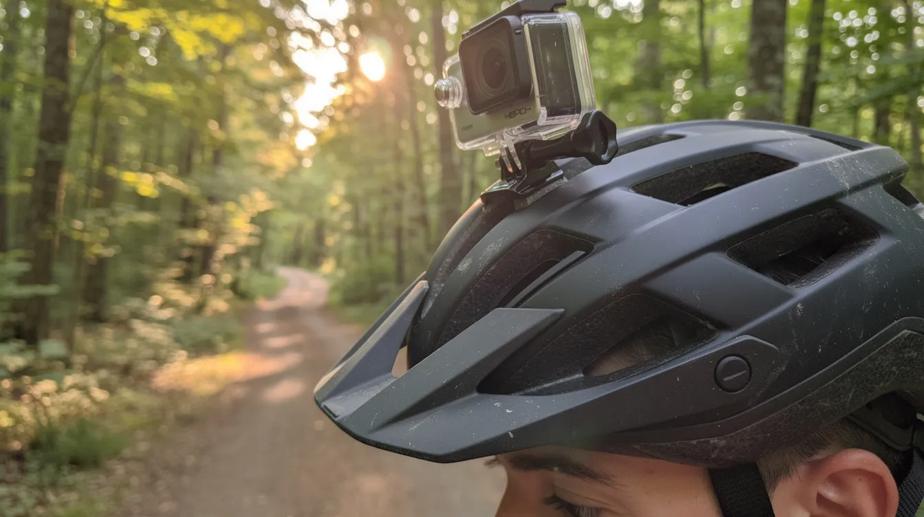 Eine Action Kamera ist auf einem Fahrradhelm montiert, während im Hintergrund ein sonnendurchfluteter Waldweg zu sehen ist. Die Szene vermittelt ein Gefühl von Abenteuer und Freiheit, ideal für Outdoor-Aktivitäten und die Nutzung von Kameras für aufregende Aufnahmen.