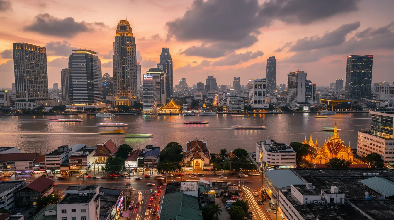 A imagem retrata a vibrante cidade de Bangkok, na Tailândia, com seus modernos arranha-céus e templos tradicionais. Ao fundo, pode-se ver o movimento das pessoas e o fluxo de veículos nas ruas, simbolizando a energia única deste destino no sudeste asiático.