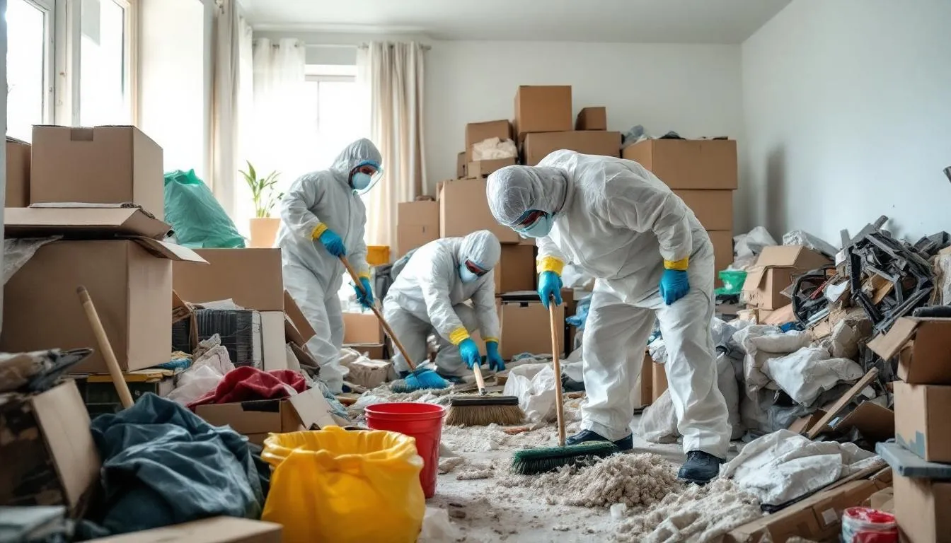 A professional cleaning crew, dressed in personal protective equipment, is actively engaged in a hoarding cleanup at a hoarder's house, surrounded by excessive clutter and hazardous waste. The team is utilizing specialized tools to ensure a thorough cleaning process, addressing the health risks associated with such unsanitary conditions.