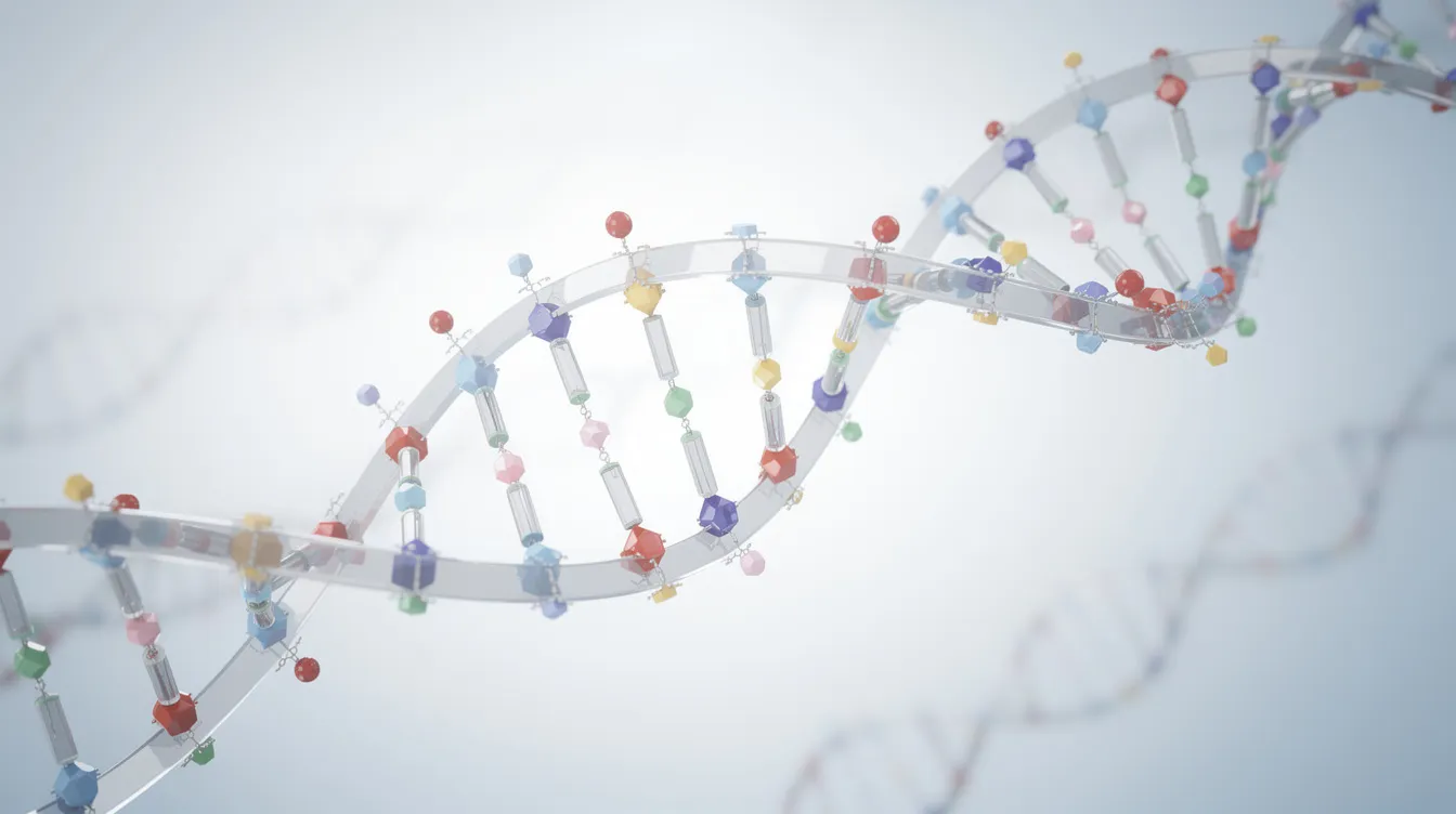 The image depicts a DNA double helix structure with small molecular markers attached along its strands, illustrating concepts related to epigenetic clocks and DNA methylation. These markers are crucial for understanding biological aging, epigenetic age acceleration, and the complex interplay between genetic factors and age-related diseases.