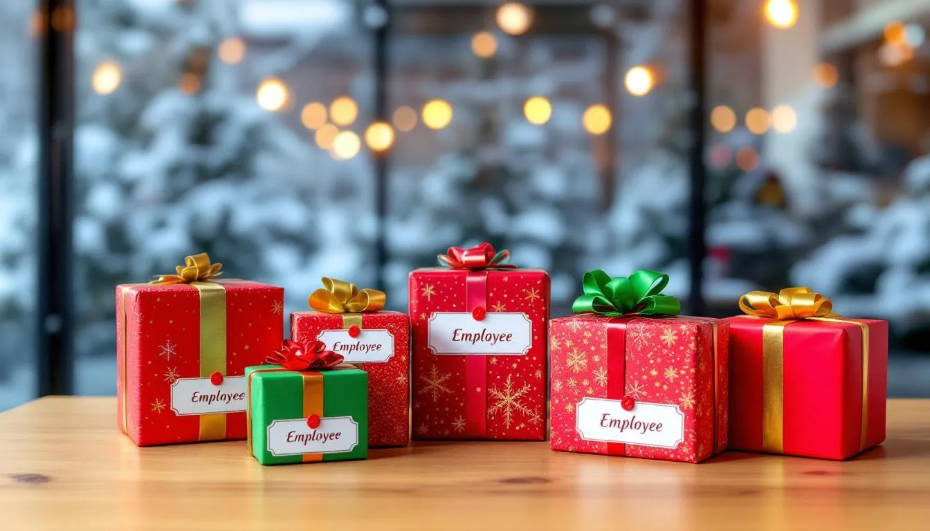 Na obrazku widoczne są kolorowe prezenty świąteczne, pięknie zapakowane w różnorodne papiery i wstążki, które mogą być idealnym rozwiązaniem na drobne upominki dla pracowników. Wśród nich znajdują się personalizowane prezenty firmowe oraz eleganckie kosze upominkowe, które z pewnością sprawią radość obdarowanym.