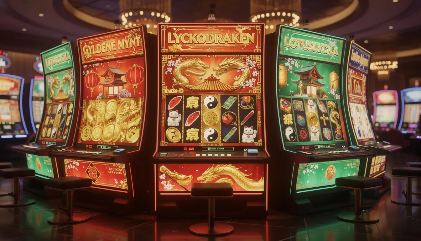 En bild av färgglada spelautomater med asiatiska motiv och symboler, som erbjuder en spännande spelupplevelse hos casino gami. Automaten visar olika symboler som drakar och lyktor, vilket skapar en livlig atmosfär för spelare som söker underhållning och möjligheten till free spins.