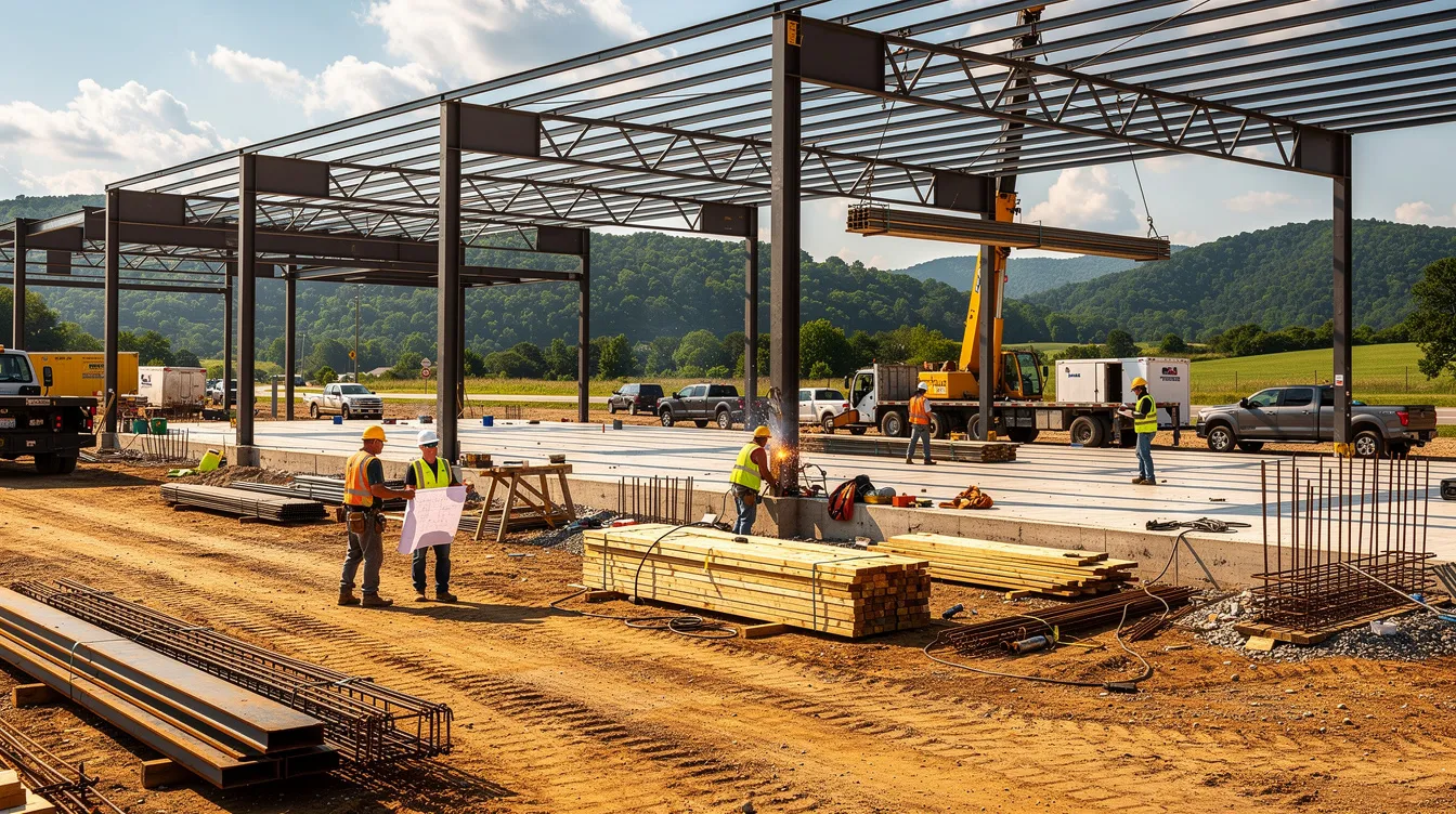 The image depicts a busy commercial construction site in East Tennessee, featuring steel beams and workers wearing hard hats as they engage in various tasks. This scene reflects the dynamic environment of business operations, where legal aspects such as contract disputes and compliance with commercial law may arise, necessitating the expertise of commercial litigation attorneys.