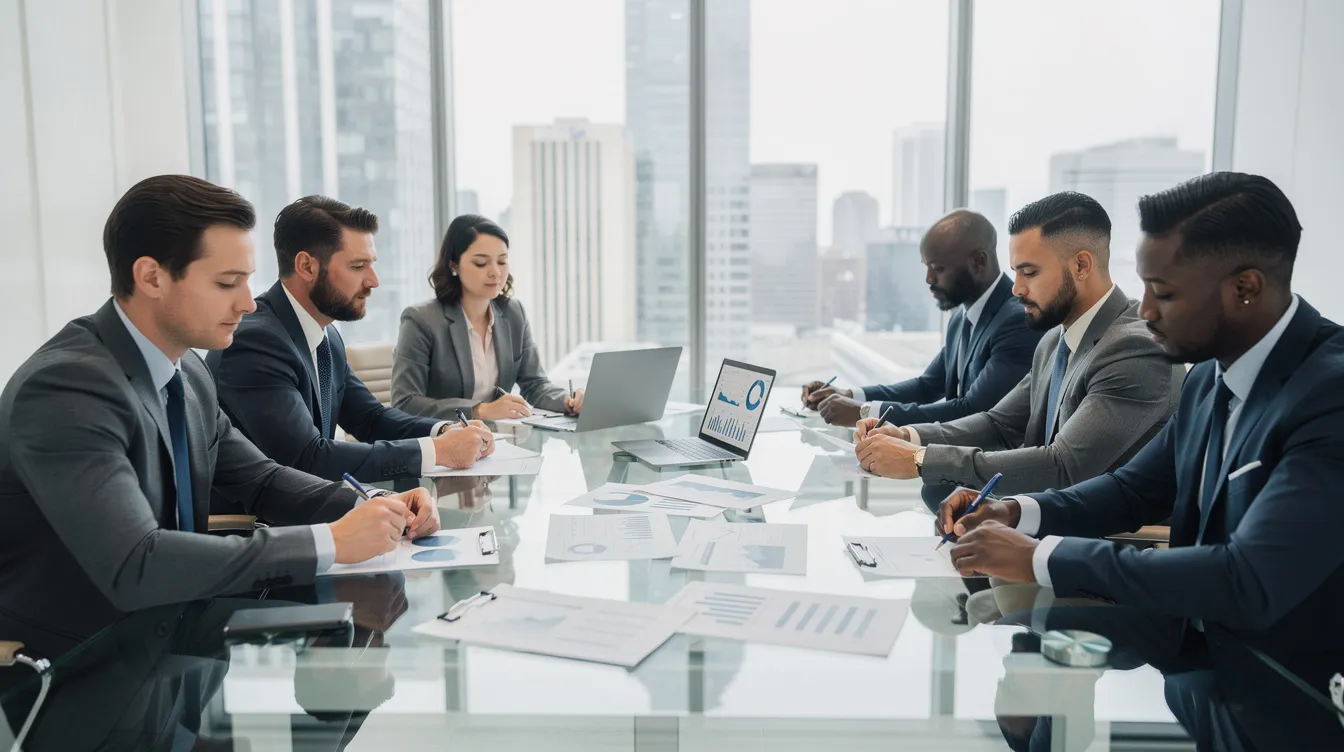 The image depicts a professional meeting at a conference table where business people are engaged in reviewing documents related to a hotel business loan. They appear focused and collaborative, discussing key elements of their strong business plan and financial projections for a potential hotel project in the hospitality sector.