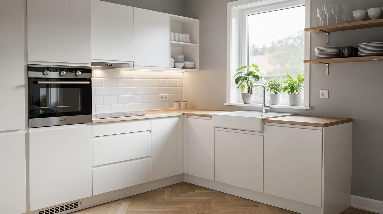 Ett litet, ljust kök i en svensk lägenhet med en L-formad layout, där stora fönster släpper in dagsljus och skapar en öppen och inbjudande atmosfär. Köket är smart designat med hyllor och skåp som effektivt utnyttjar det trånga utrymmet.