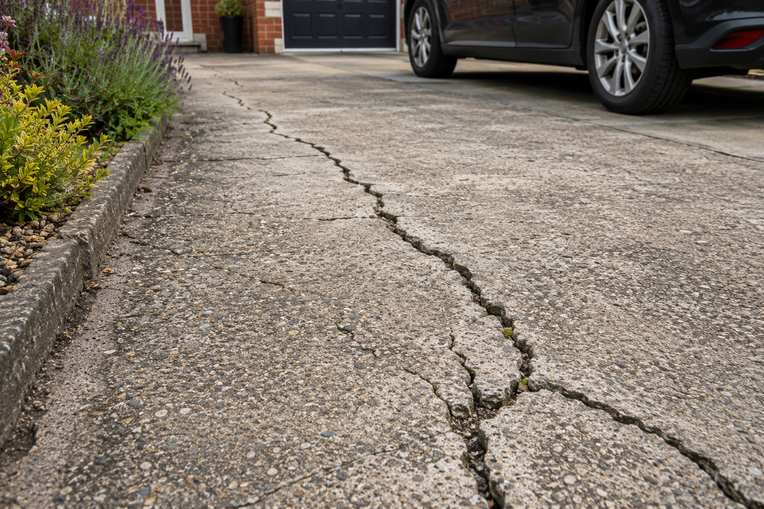 Cracked concrete driveway outside a UK home showing surface movement and early signs of driveway damage