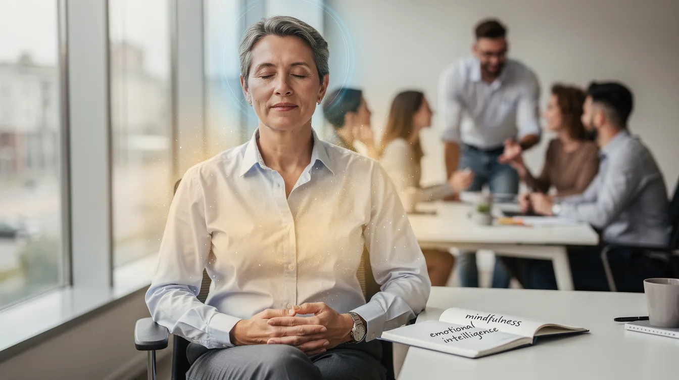 The image depicts a diverse group of leaders engaged in a mindfulness exercise, emphasizing the importance of developing an empathetic mindset. They are practicing active listening and demonstrating empathy, which enhances their self-awareness and ability to support their team members effectively in a collaborative and compassionate workplace environment.