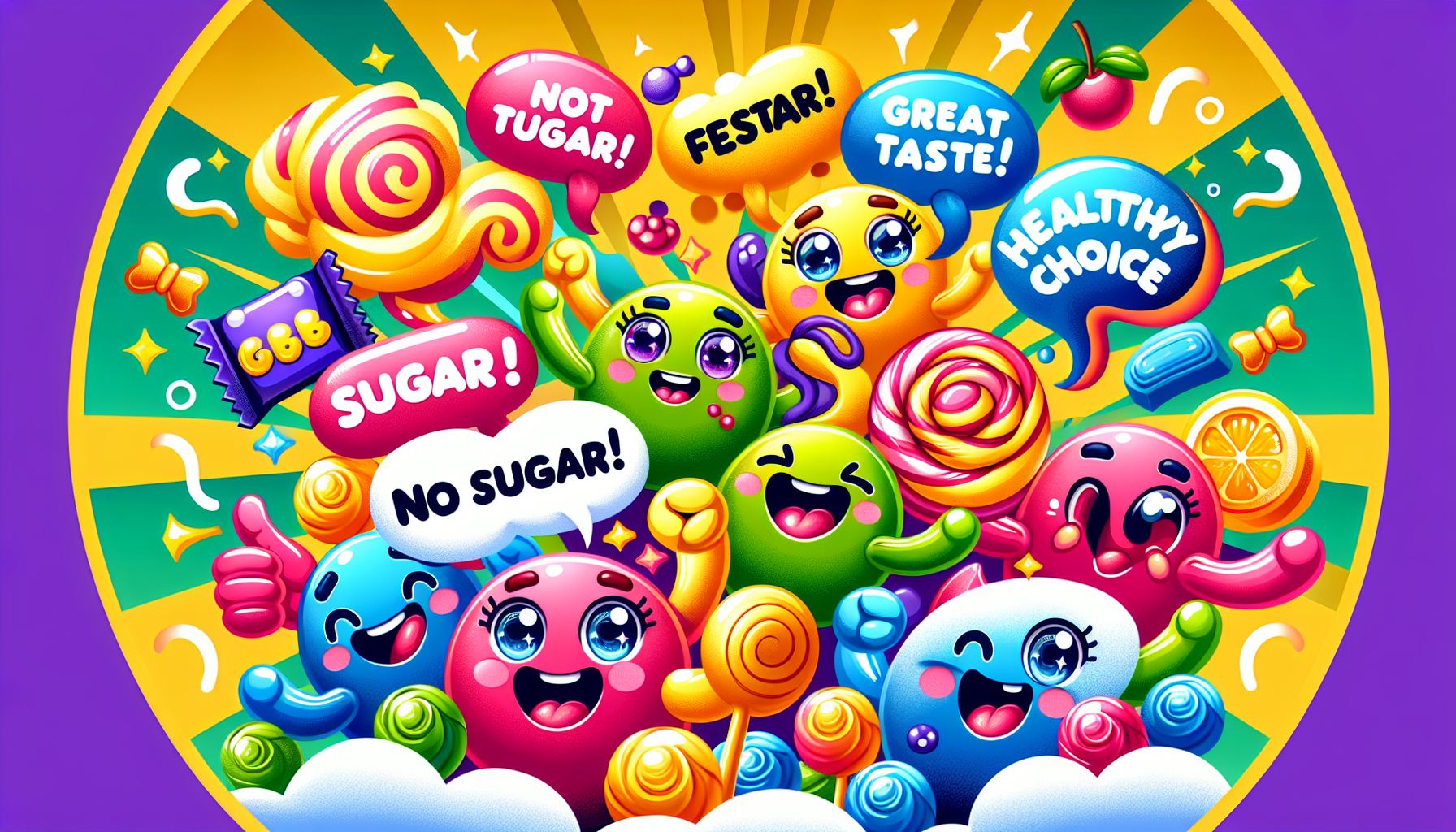 Cartoon depicting the key benefits of sugar free gummies such as health and taste.