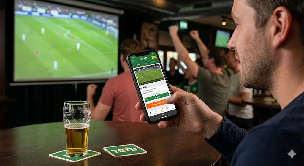 Man plaatst live weddenschappen via een legale online bookmaker op zijn smartphone in een sportbar terwijl hij voetbal kijkt, voorbeeld van live wedden met beste odds en veilig wedden op sport onder toezicht van de Nederlandse Kansspelautoriteit sinds 2021.