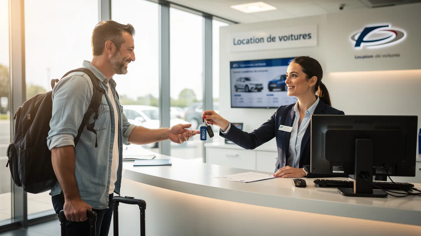 Un voyageur se tient au comptoir d'une agence de location de voiture, prêt à récupérer les clés de son véhicule pour ses vacances. Il semble attentif aux détails du contrat, conscient des frais cachés et des éventuelles surprises liées à la location.