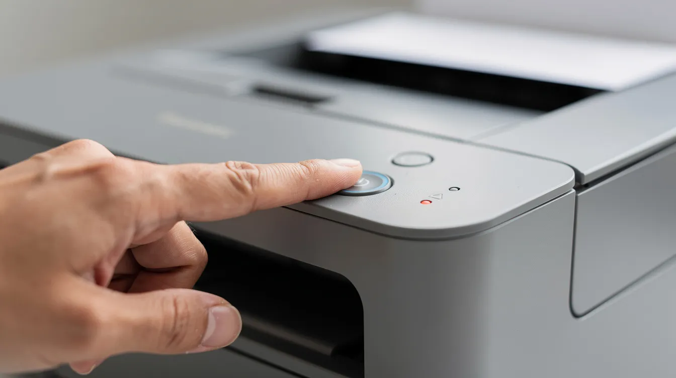 Eine Nahaufnahme zeigt eine Hand, die die WPS-Taste an der Vorderseite eines kleinen WLAN-Druckers drückt, um eine Verbindung zu einem WLAN-Netzwerk herzustellen. Diese Aktion ist Teil der Einrichtung des Druckers, um drahtlos drucken zu können.