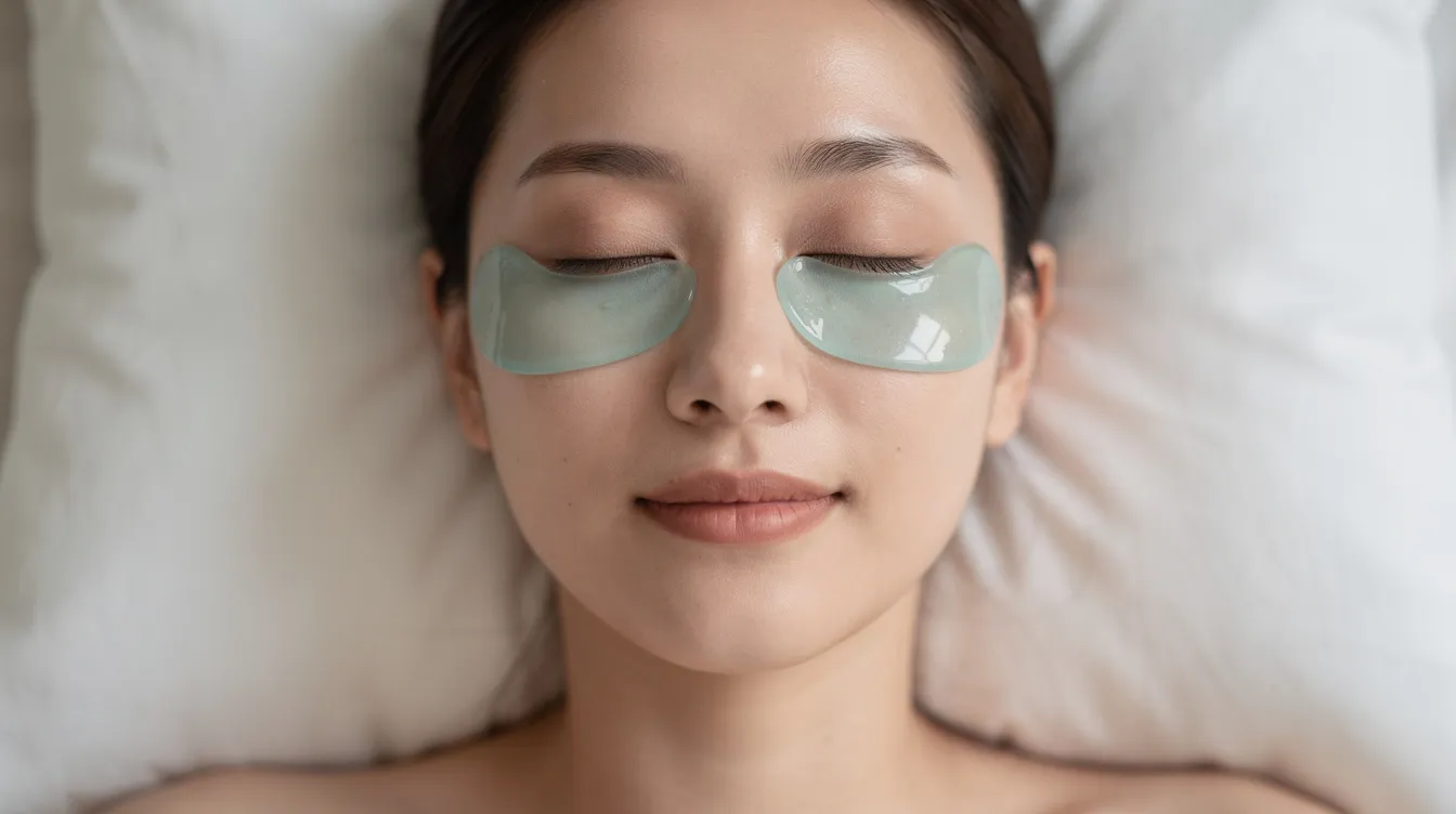 A person is lying on a pillow with cooling gel eye patches placed under their eyes, aimed at reducing puffiness and brightening the under eye area. The patches help to alleviate the appearance of dark circles and bags, providing a soothing treatment for the delicate skin around the eyes.