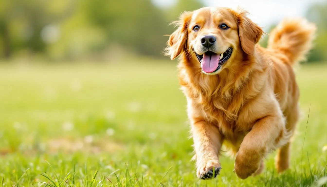 A joyful dog is seen running freely outdoors, showcasing its shiny, healthy coat after overcoming previous skin problems such as inflamed skin and excessive itching. The image reflects the successful treatment of the dog's skin condition, highlighting the positive effects of effective treatment options.