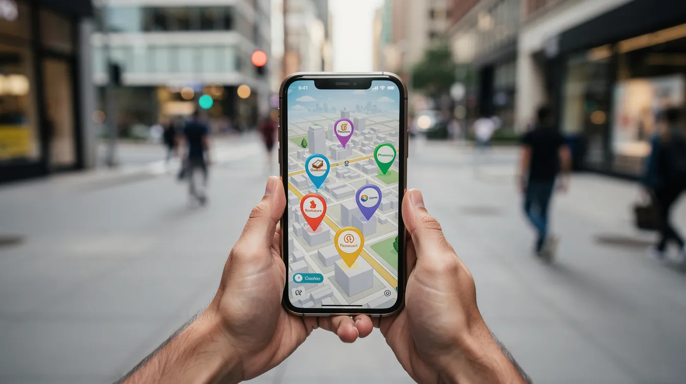 A person is standing on a city street, holding a smartphone that displays a map with visible pins indicating nearby local businesses. This scene highlights the importance of local SEO strategies and Google Maps marketing for attracting potential customers and improving local search results.