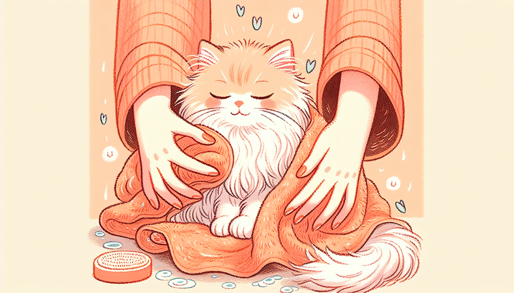 Illustration of towel drying a cat after a bath