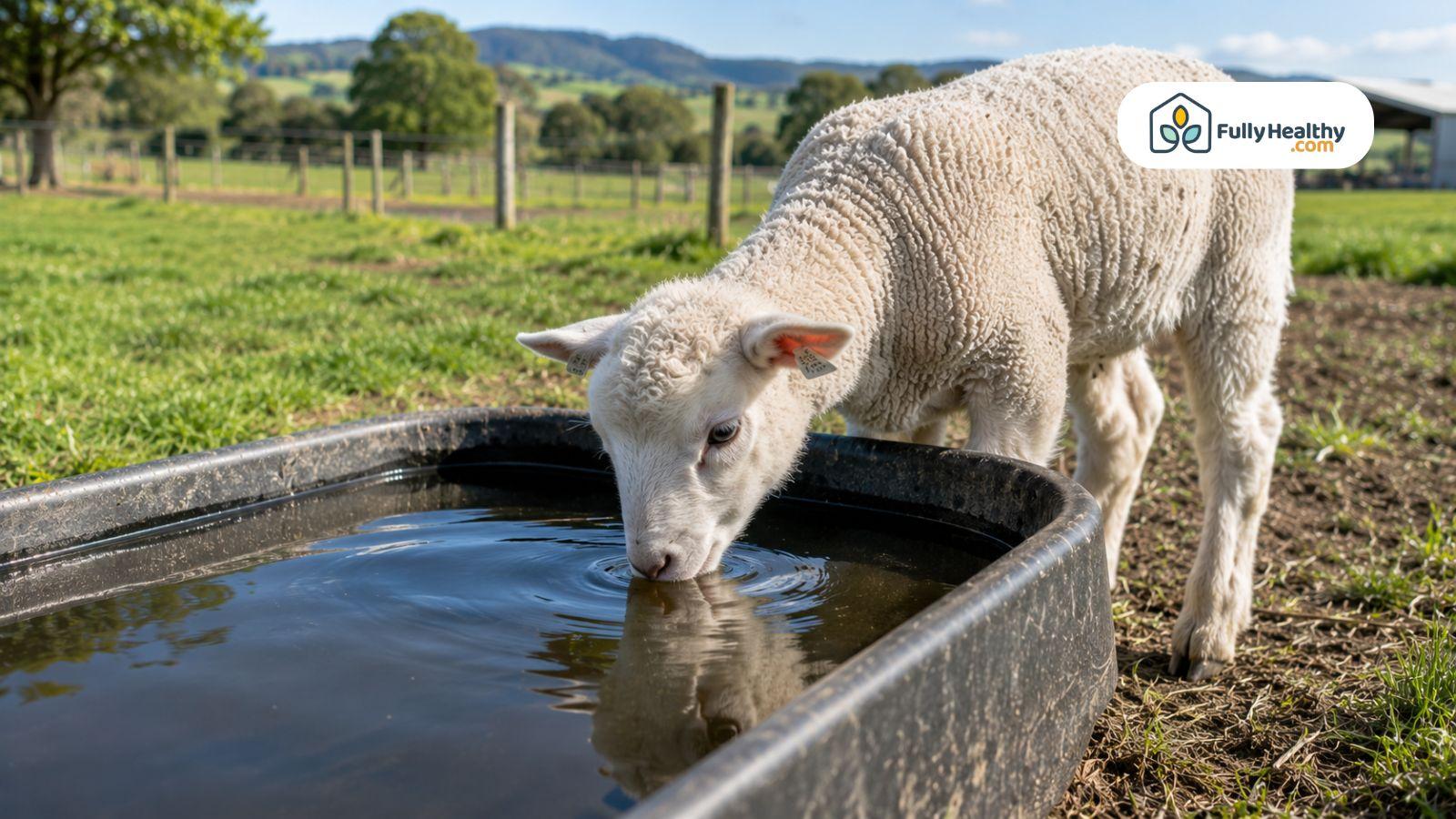 Young lamb drinking water from trough in grassy pasture