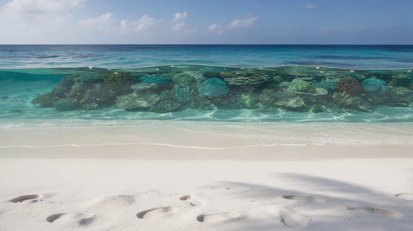 A imagem mostra uma deslumbrante praia de areia branca, com águas cristalinas em tons de azul turquesa, onde um recife de coral é visível sob a superfície. Este cenário paradisíaco é típico das ilhas do Caribe, como Curaçao, e é ideal para quem busca experiências de mergulho e relaxamento em um destino de férias.