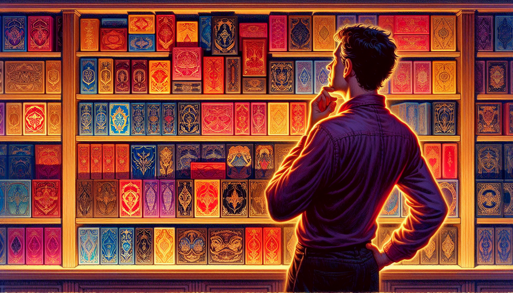 An illustration showing a person selecting a deck box for Magic: The Gathering.