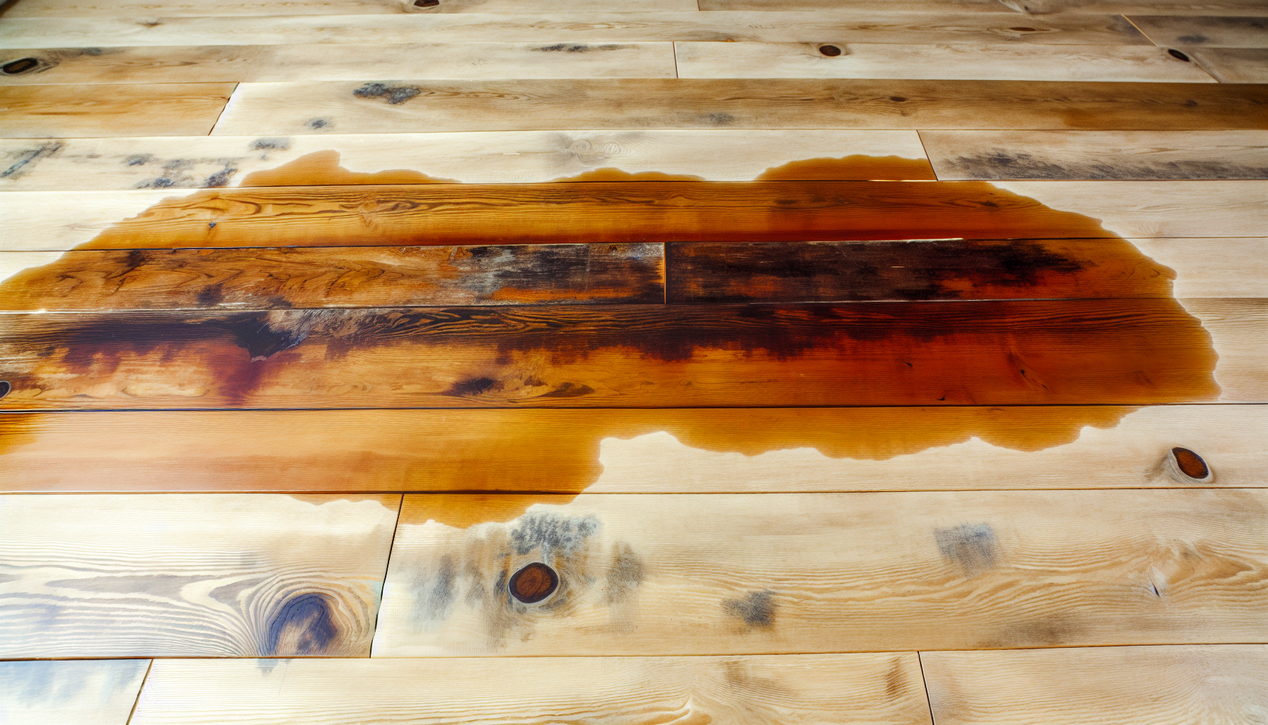 Water damaged hardwood floor with visible stains and discoloration
