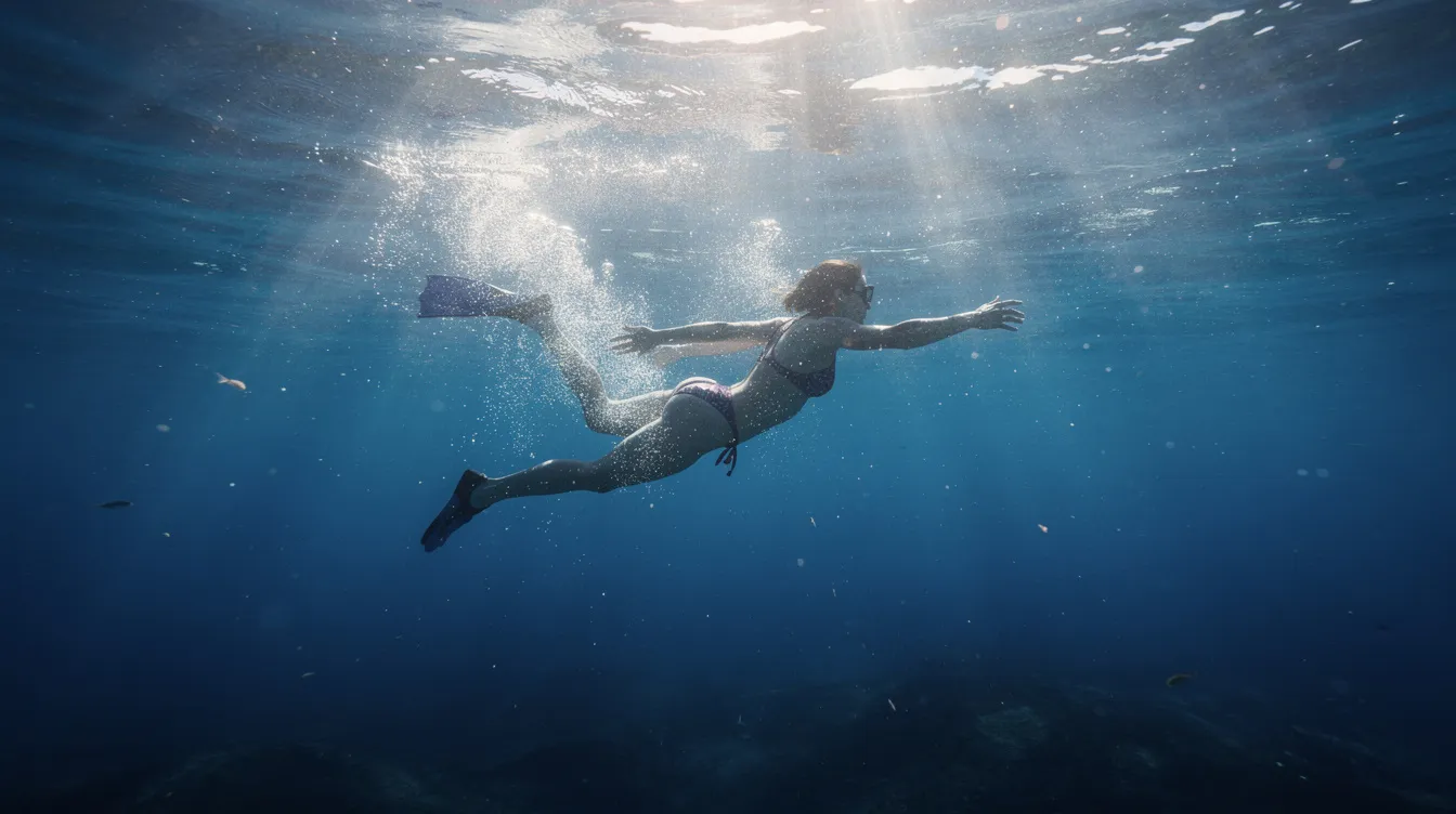 Imagem de um mergulho no mar em uma das ilhas da Tailândia, onde turistas exploram as águas cristalinas e a rica vida marinha ao redor de Koh Phi Phi. Ao fundo, podem ser vistos paredões de pedra e vegetação exuberante, criando um cenário paradisíaco.