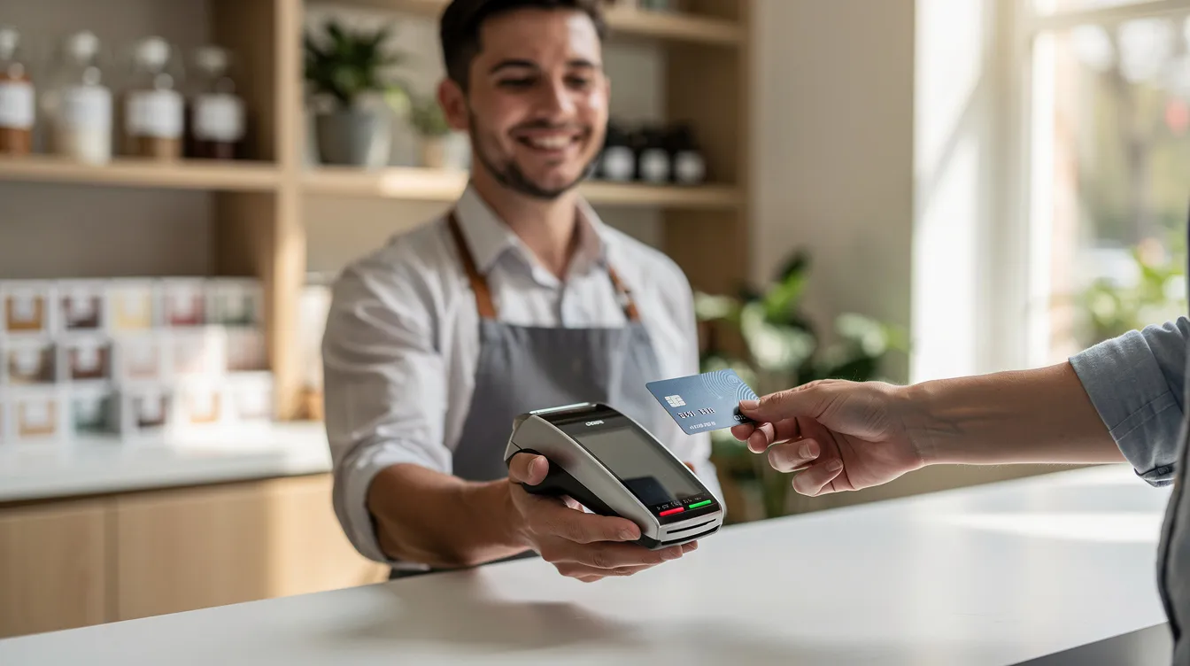 A small business owner is seen at a counter, accepting a contactless credit card payment using a modern terminal. This image highlights the convenience of payment processing for small businesses, showcasing how they can accept credit card payments efficiently.