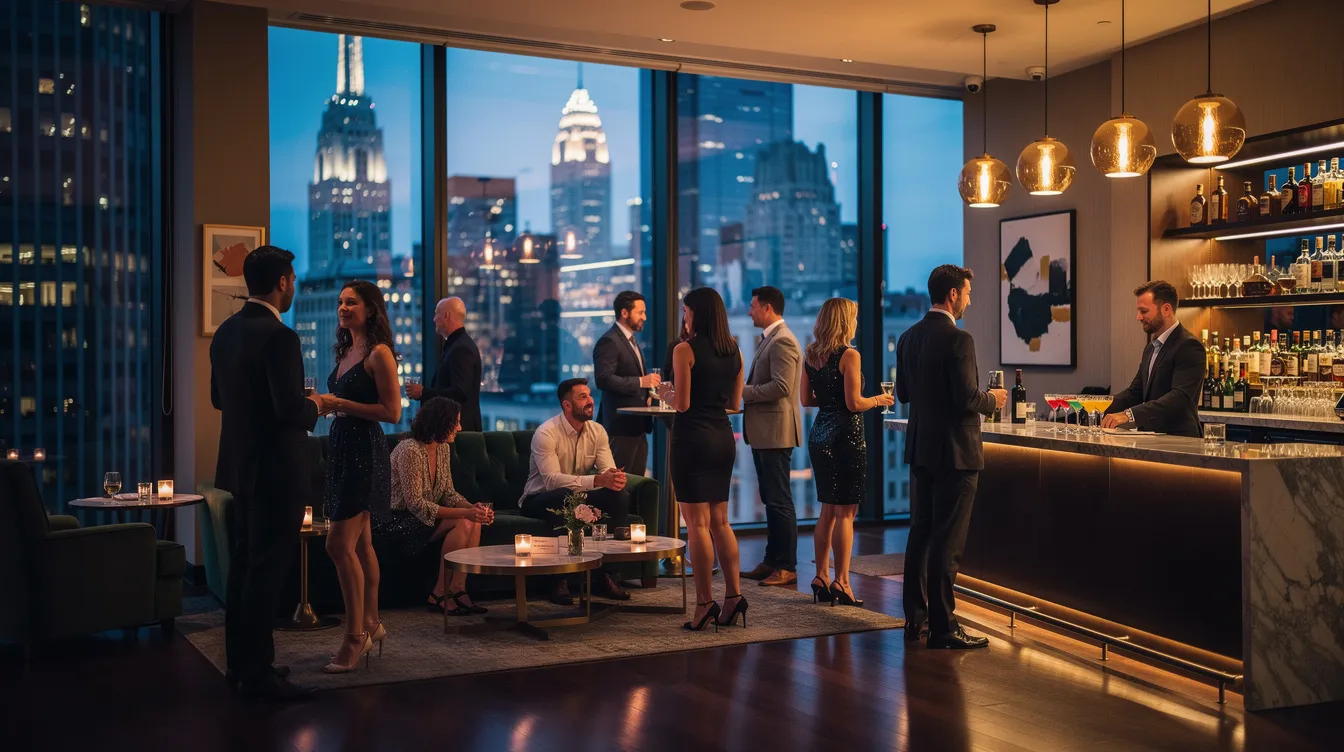 The image depicts a lively singles event taking place at an upscale lounge in Chicago's River North neighborhood, where attendees engage in conversation and connect with like-minded people in a relaxed environment. Guests are enjoying the evening as they exchange contact information, making new friends and potential matches in a fun and exciting atmosphere.