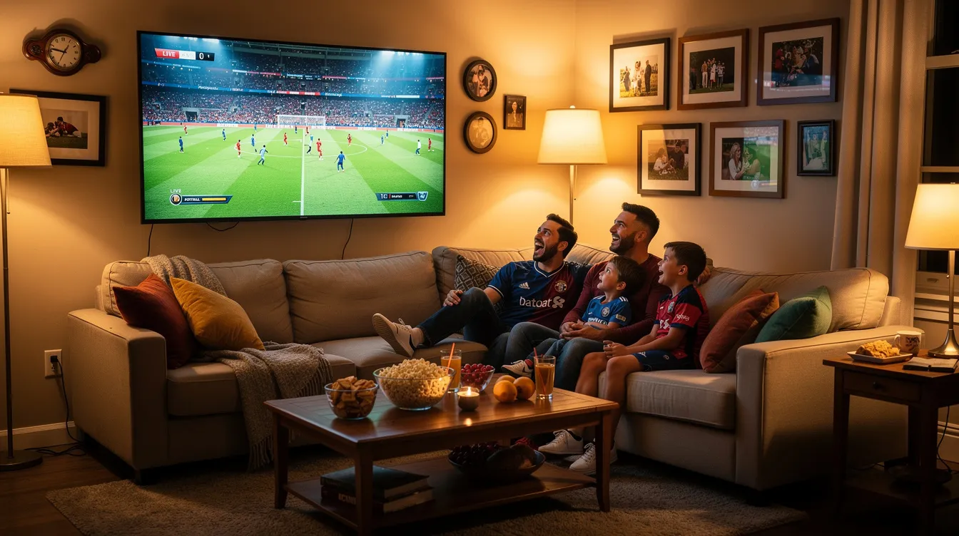 Een blije familie zit samen in een gezellige woonkamer rond een grote smart TV, terwijl ze een spannende voetbalwedstrijd bekijken. De sfeer is warm en vrolijk, met een gevoel van saamhorigheid en plezier tijdens het kijken naar live sport.