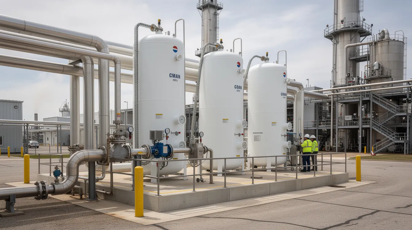 The image depicts industrial liquid CO₂ storage tanks and piping systems at an ethanol distillery facility, showcasing a complex recovery system designed for CO₂ capture and storage. The setup includes various vessels and piping that are essential for managing the pressure and capacity needed to effectively store and utilize CO₂ in the production process.