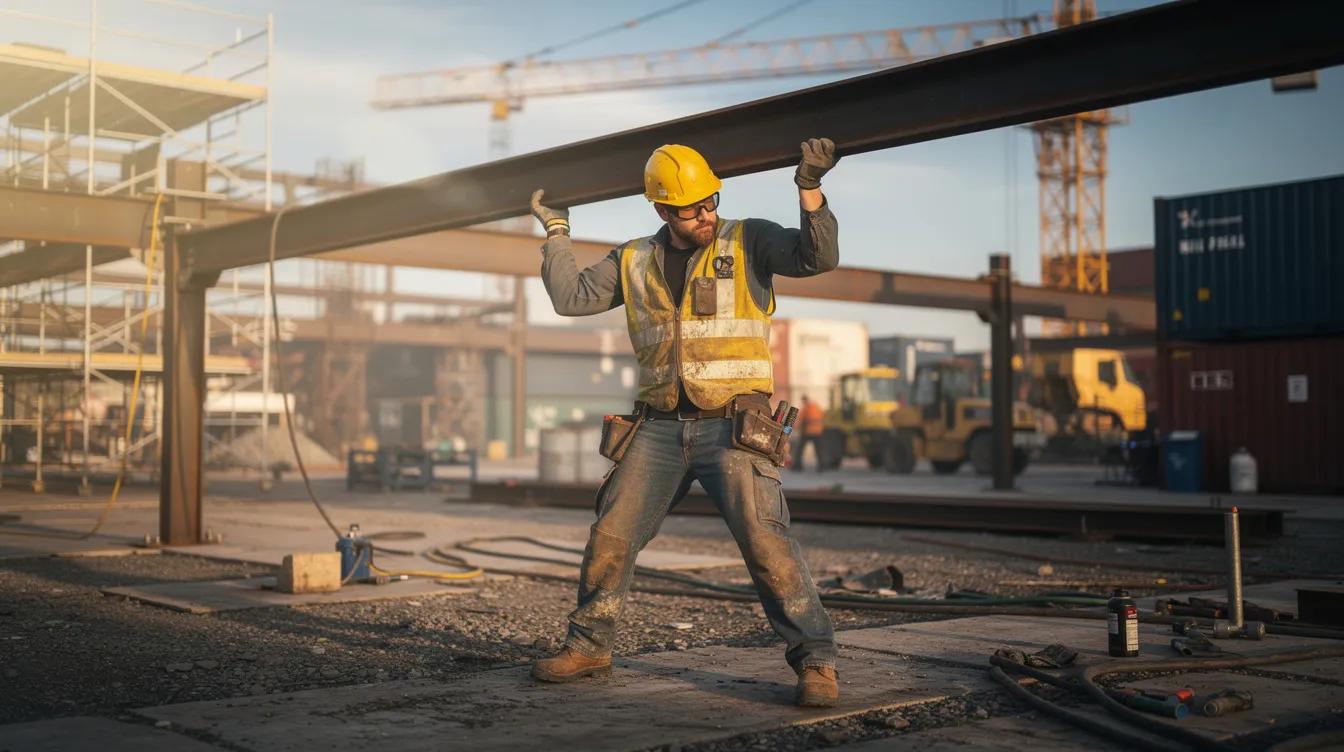 The image depicts a worker wearing a hardhat at an outdoor industrial job site, engaged in physically demanding labor, highlighting the physical demands of their role. This scene may relate to discussions about disability claims and the assessment of residual functional capacity in determining eligibility for social security disability benefits.