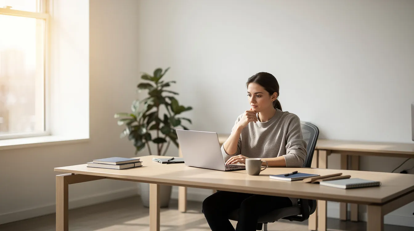 The image depicts a serene modern office workspace filled with natural light, featuring a person sitting thoughtfully at a desk with a laptop and a coffee mug, reflecting a supportive work environment that promotes positive mental health and well-being. This scene highlights the importance of managing workplace stress and the need for mental health resources to support employees effectively.