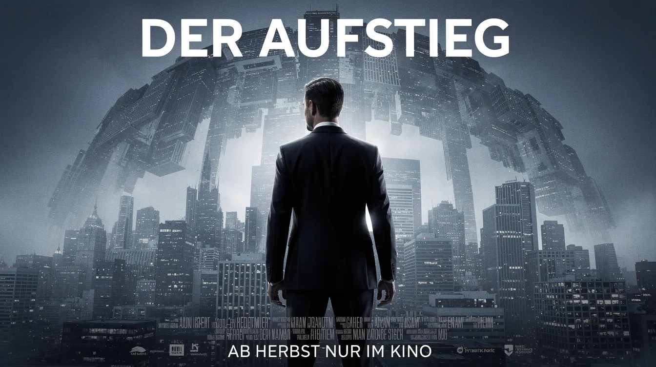 Das offizielle Filmplakat zeigt einen Mann in einem dunklen Anzug, der vor einer surrealen Stadtlandschaft steht, die sich in blaugrauen Tönen nach oben biegt. Diese Darstellung spiegelt das Konzept von Träumen und der Kontrolle über die Realität wider, ein zentrales Thema des Science-Fiction-Films „Inception“ von Christopher Nolan.