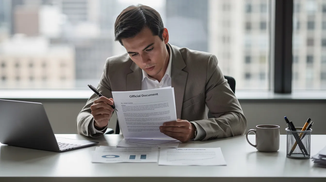 An individual is seated at a desk, focused on reviewing official paperwork, with a pen in hand, possibly related to forming a limited liability company (LLC) or preparing an operating agreement. The scene suggests a careful examination of business structures and associated tax implications for small business owners.