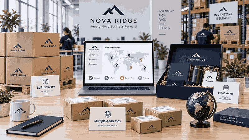 Corporate gifting fulfillment center coordinating inventory, bulk orders, multiple-address shipping, and global event delivery.