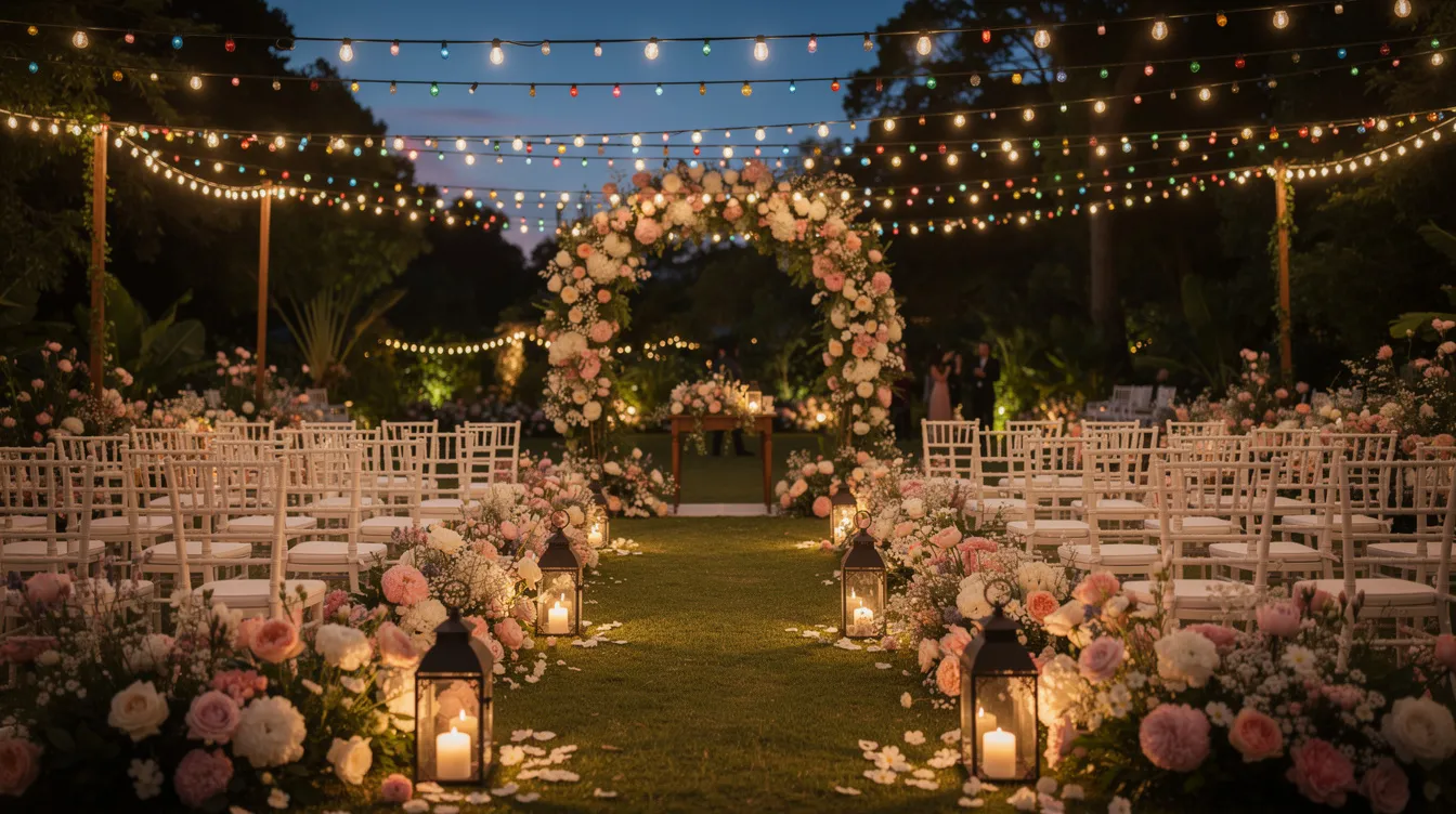 The image showcases a beautifully decorated outdoor wedding venue, adorned with vibrant flowers and colorful lights, creating a romantic and festive atmosphere. This setting could inspire business ideas for event planning and decoration services, tapping into the high demand for memorable corporate events and weddings.