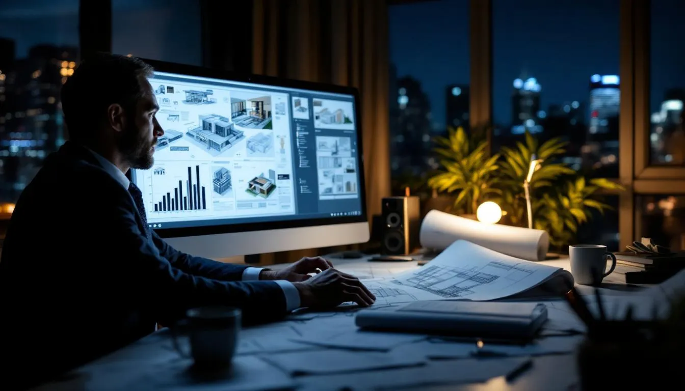An architect is working late at a computer, surrounded by construction documents, as they focus on their project deadlines. The scene highlights the importance of maintaining a balance between work and mental health in the architecture industry, emphasizing the need for small breaks to reduce stress and enhance productivity.