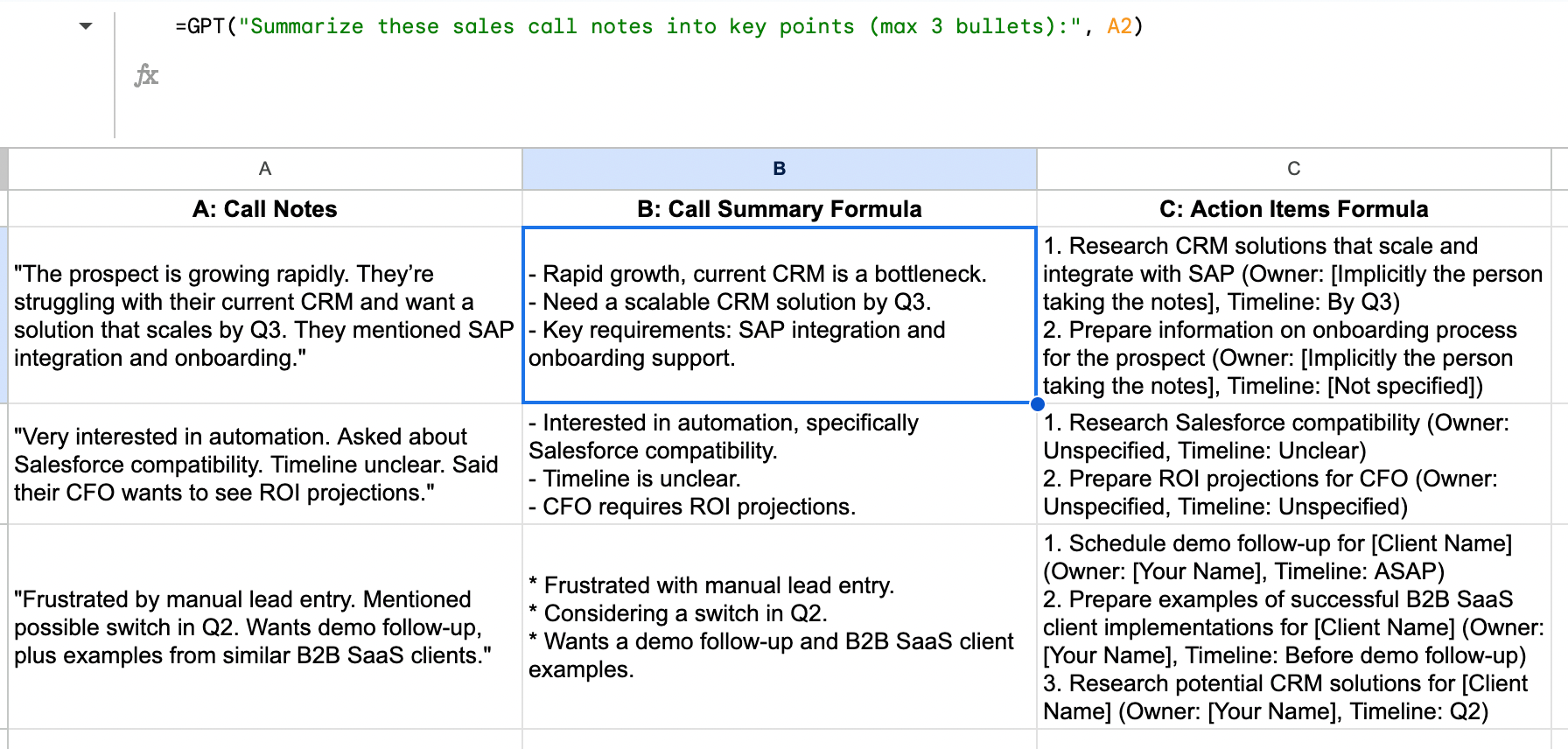 Sales call summary in Google Sheets