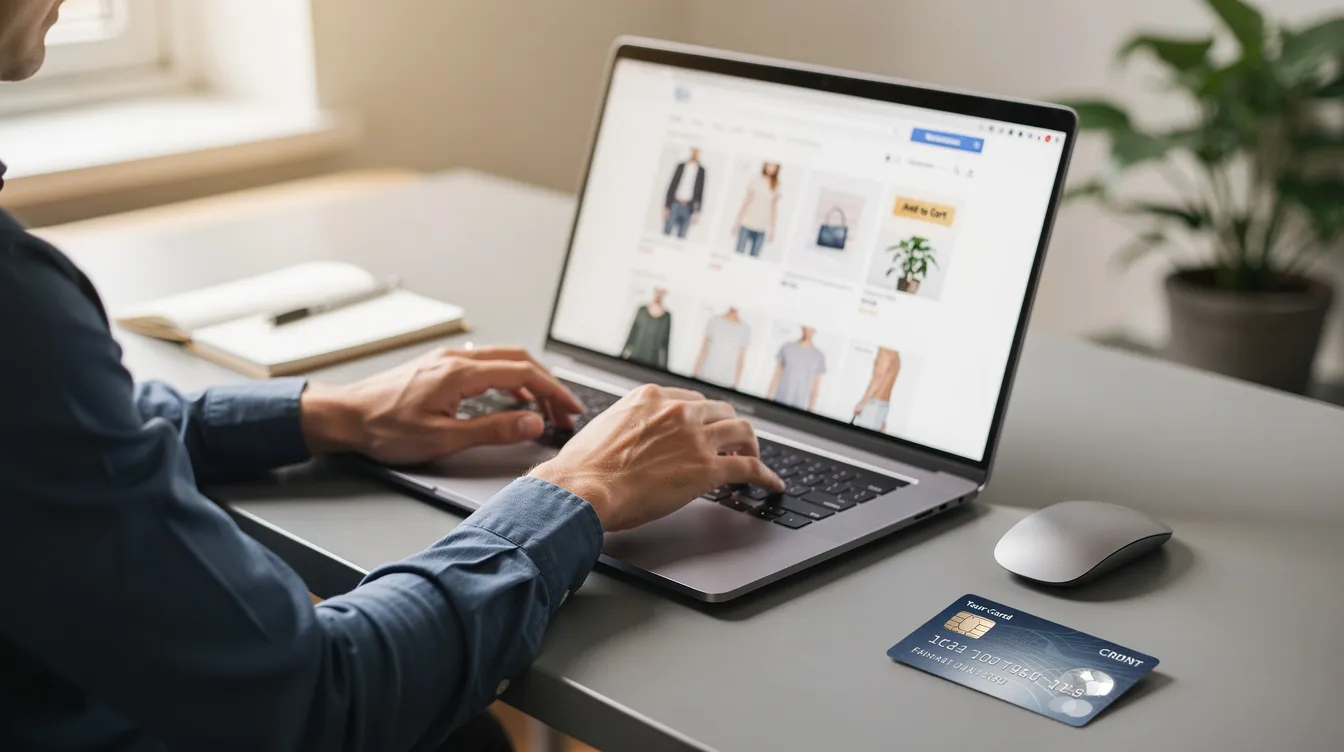 A person is shopping online on a laptop, with a credit card placed nearby on the desk, indicating various payment options such as credit and debit cards or digital wallets like Paze or PayPal for their online purchases. The scene captures the convenience of online shopping and the importance of secure payment methods during the online checkout experience.