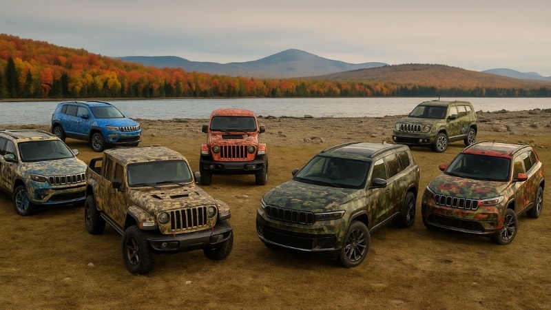 Different vehicles displaying camouflage vinyl wrap in outdoor