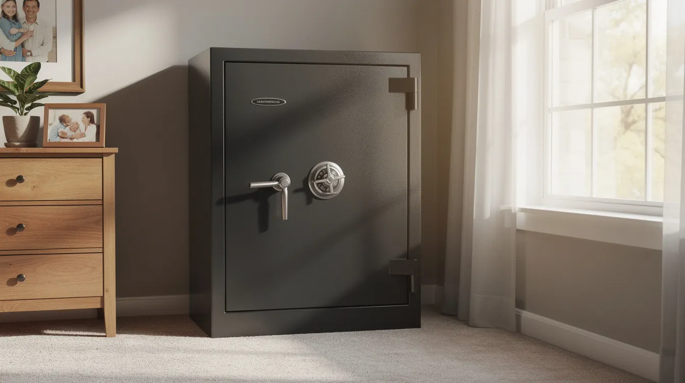 The image shows a locked gun safe positioned in a serene home environment, emphasizing the importance of gun safety laws and responsible firearm storage. This setting highlights the need for North Dakota residents to adhere to fundamental gun safety practices, particularly for those with a concealed carry license.