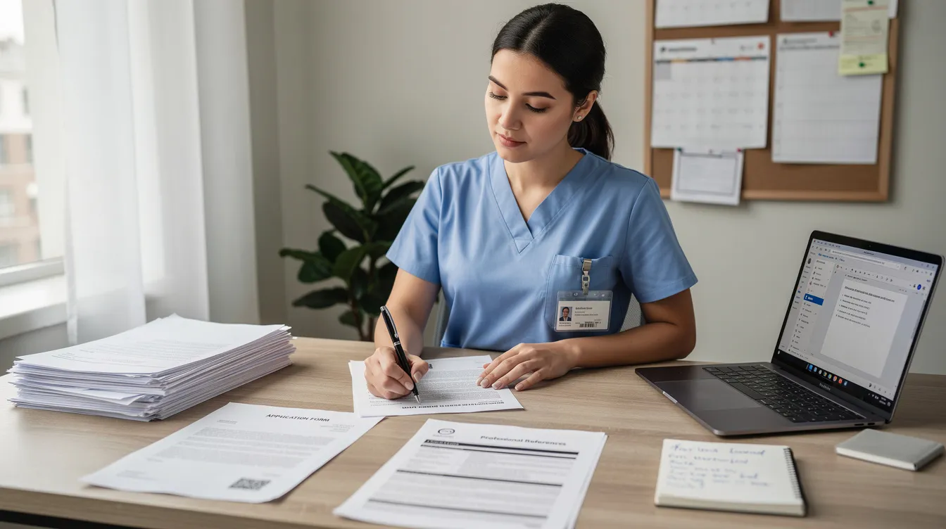 A registered nurse is seated at a desk, diligently reviewing documents and preparing application materials for a DNP program. The scene reflects the nursing profession's commitment to advanced nursing practice and the importance of thorough preparation for admission essays that influence health policy and patient outcomes. That's where our DNP Admission Essay Writing Help comes in.
