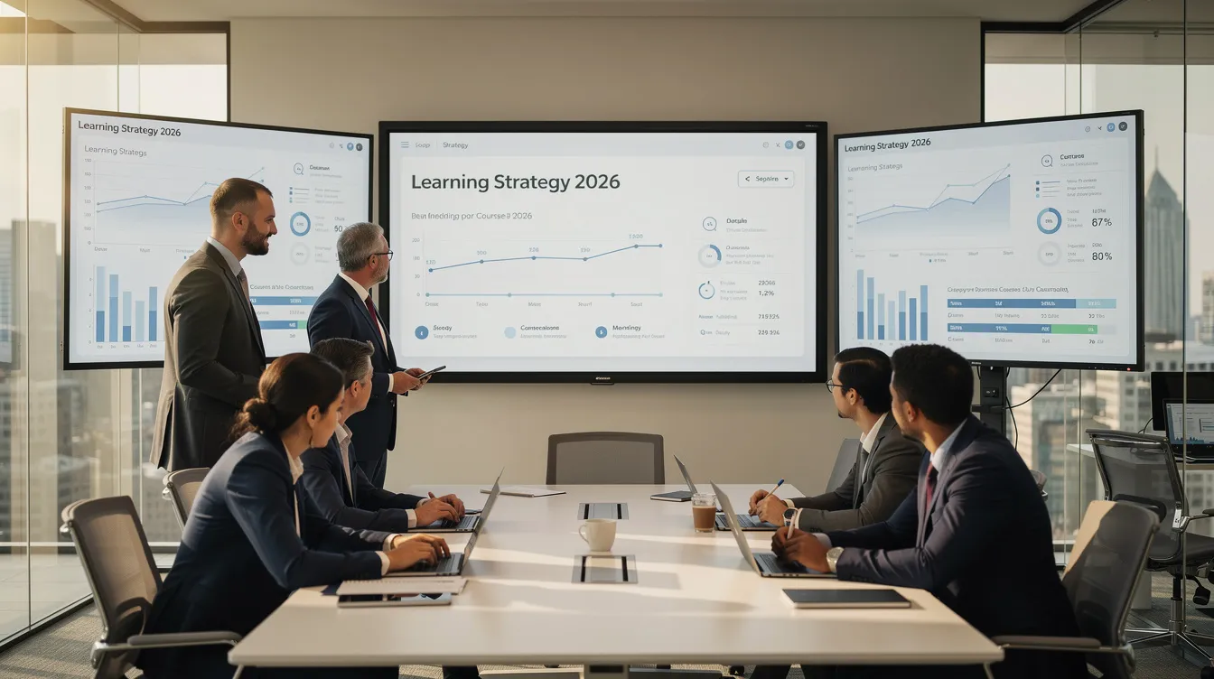 A diverse team of professionals is gathered in a modern office, intently reviewing a learning strategy displayed on large digital screens. They are discussing various aspects of learning management systems (LMS) and how to implement effective training programs that align with client training needs and business outcomes. A diverse team of professionals is gathered in a modern office, intently reviewing a learning strategy displayed on large digital screens. They are discussing various aspects of learning management systems (LMS) and how to implement effective training programs that align with client training needs and business outcomes.