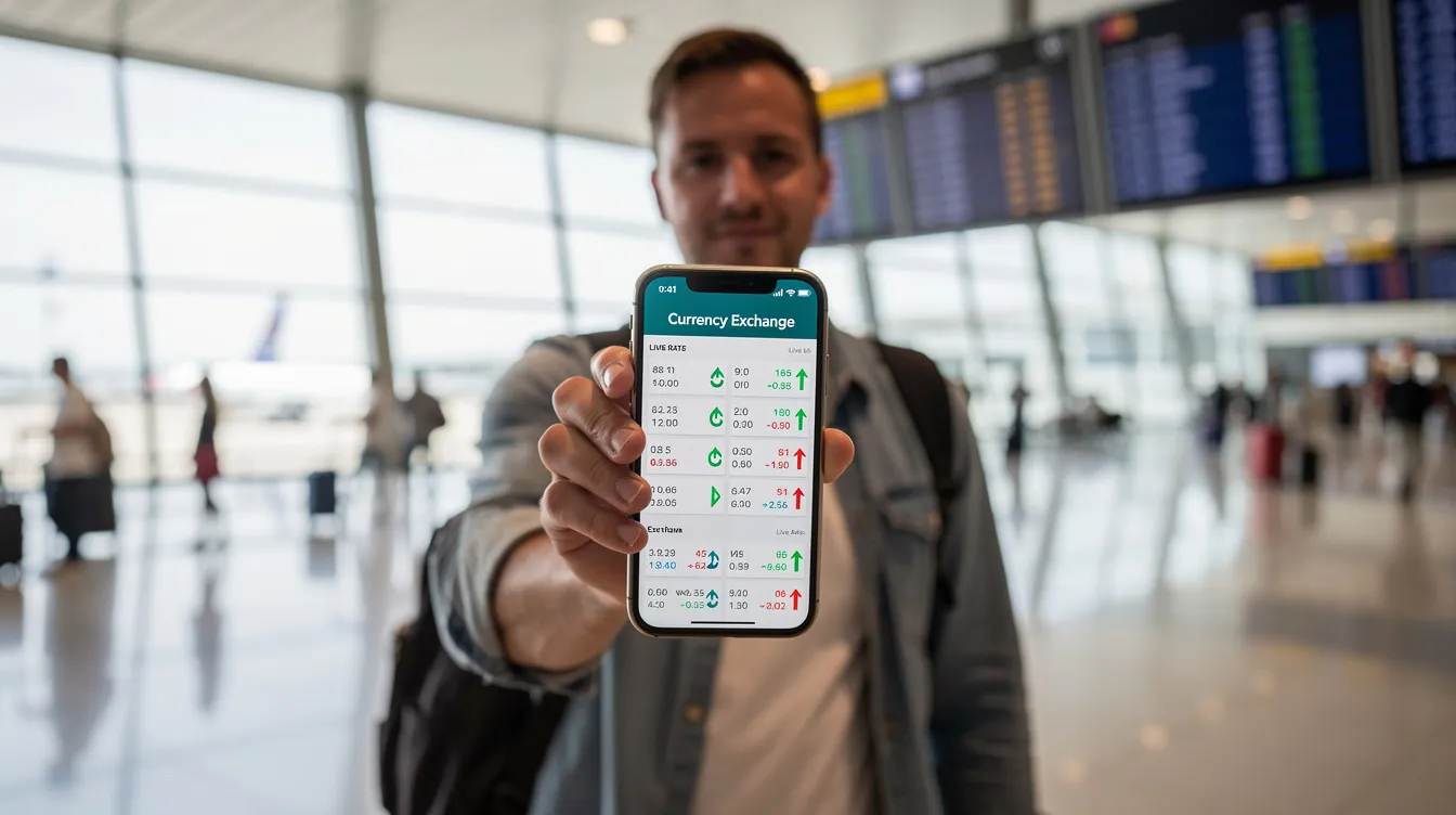 A person stands in an airport terminal holding a smartphone that displays a currency exchange screen, highlighting the importance of electronic money transfers for international transactions. This image emphasizes the convenience of sending money electronically while traveling, a key aspect of managing finances through wire transfers and bank transfers.
