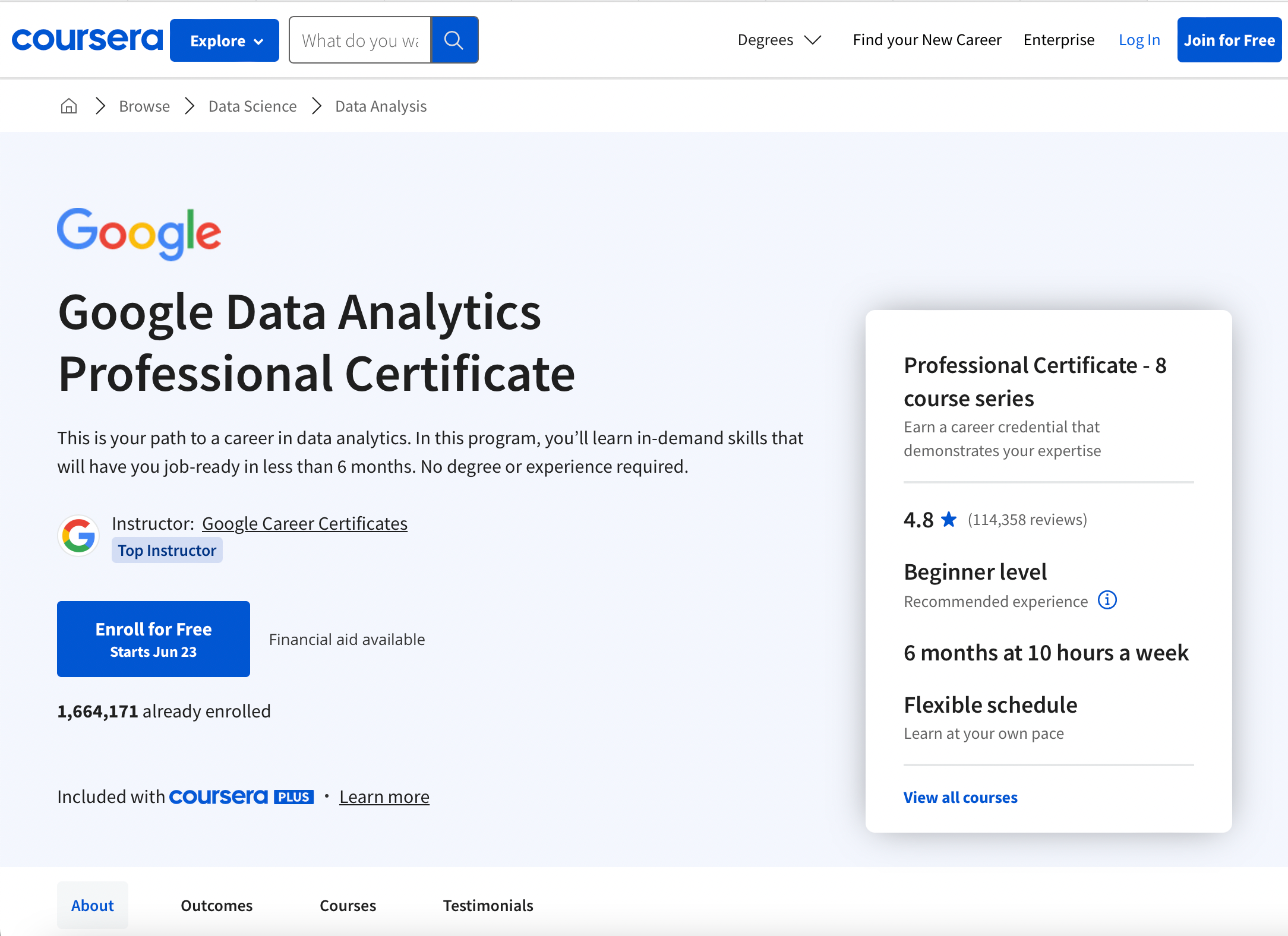 Google Data Analytics Professional Certificate homepage
