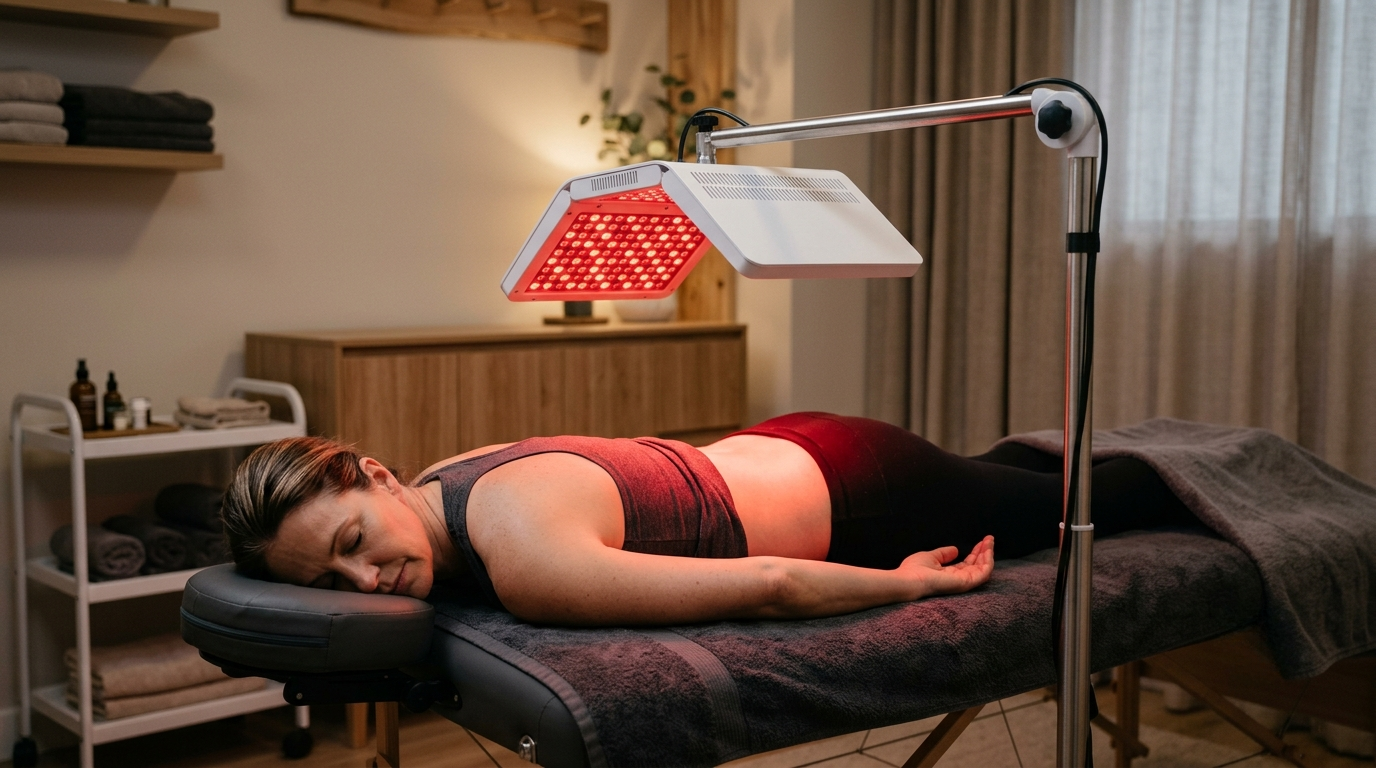 Woman relaxing during a red light therapy session with an overhead panel warming her lower back